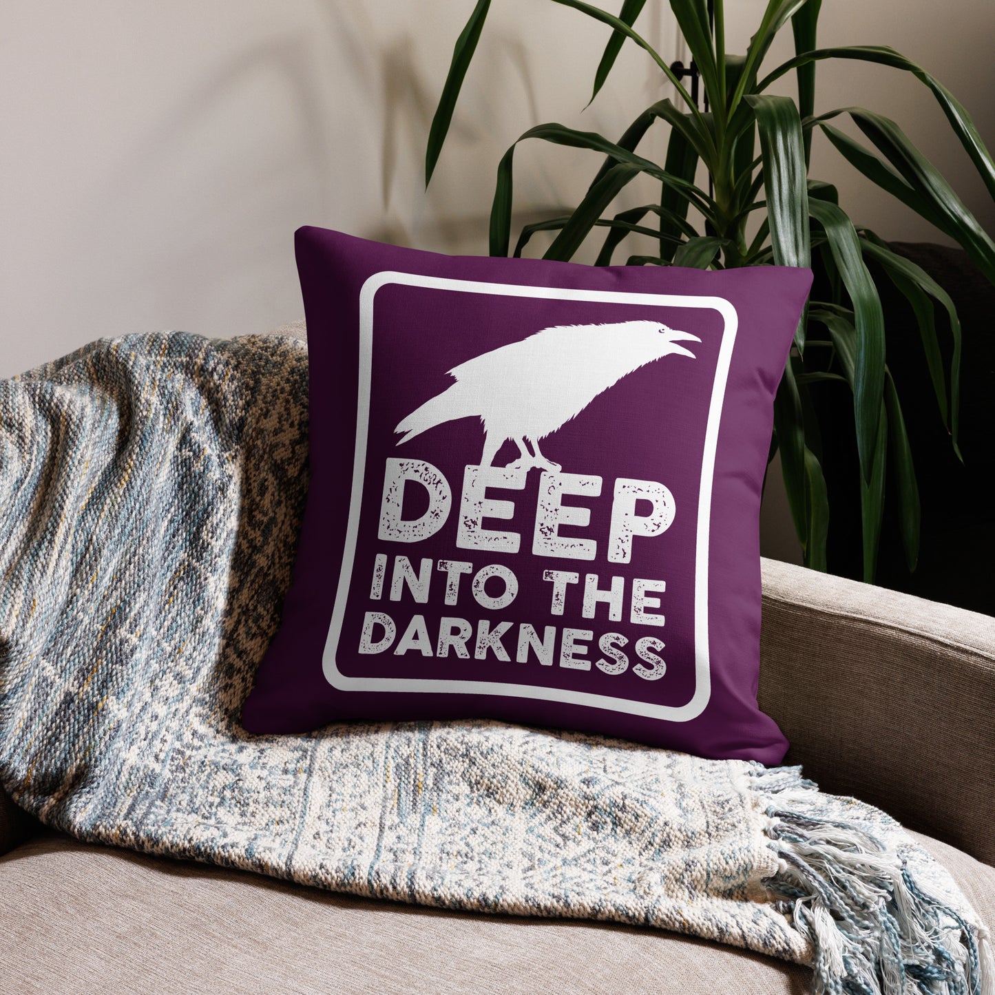 Raven Deep Into the Darkness - Tyrian Purple & White Premium Pillow - 22 x 22