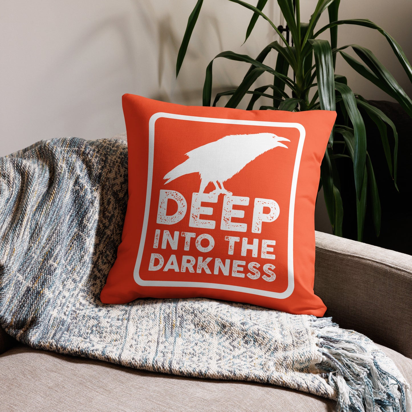 Raven Deep Into the Darkness - Outrageous Orange & White Premium Pillow - 22 x 22