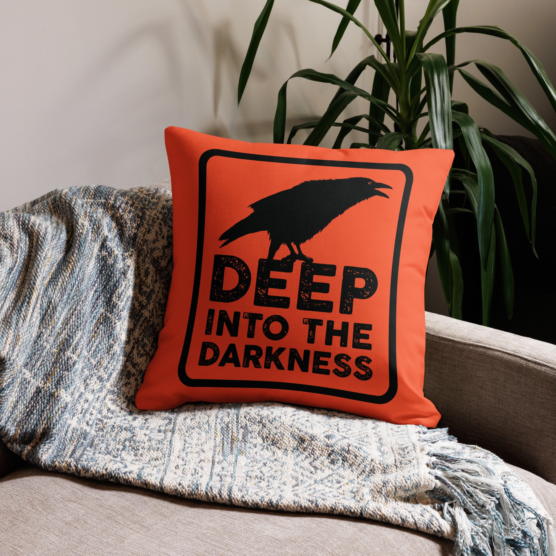 Raven Deep Into the Darkness - Outrageous Orange & Black Premium Pillow - 22 x 22