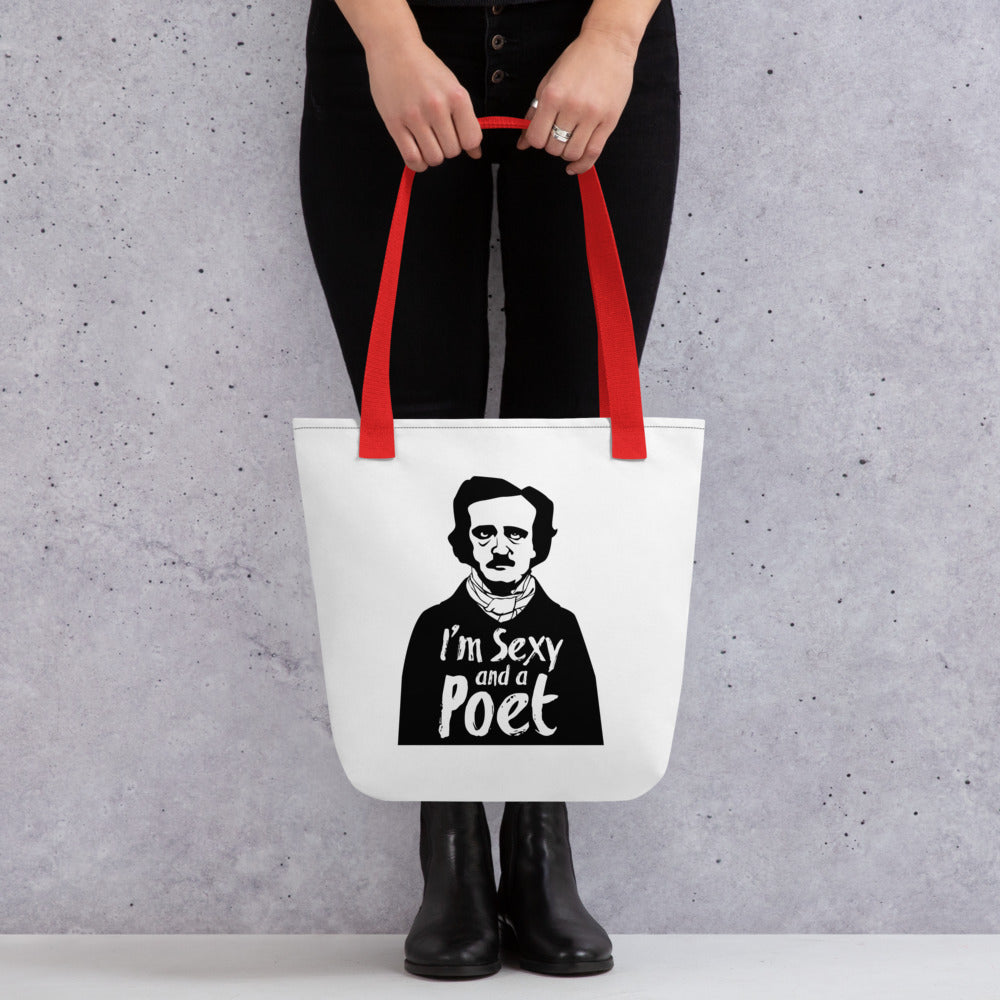 Edgar Allan Poe inspired accessory items in The Raven's Crypt store tote bag with red handle
