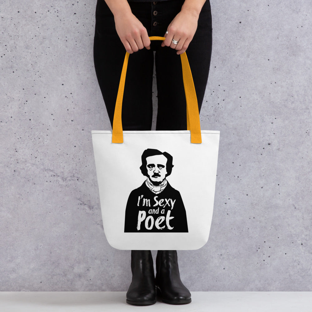 Edgar Allan Poe inspired accessory items in The Raven's Crypt store tote bag with yellow handle