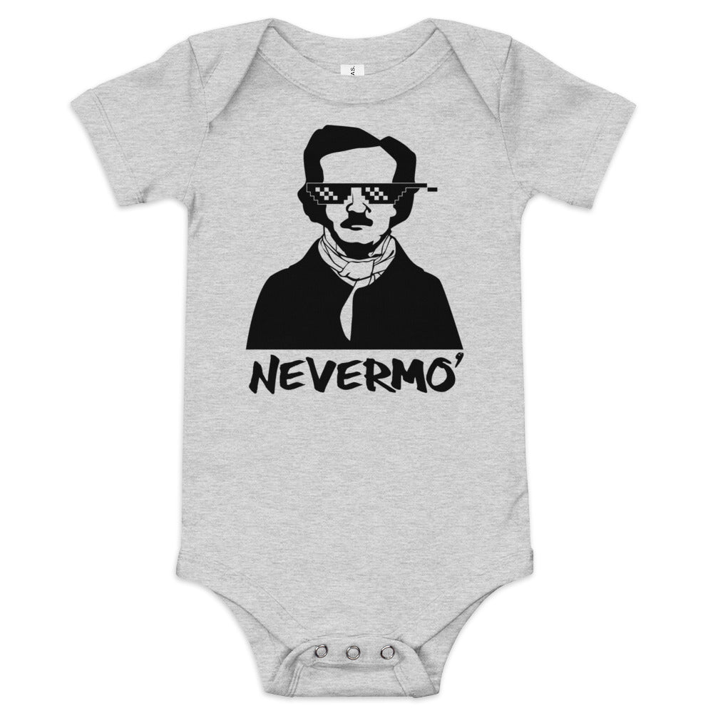 "Nevermo" Edgar Allan Poe Illustrated Short Sleeve Baby One-Piece - A cozy and cute baby onesie featuring an Edgar Allan Poe-inspired design, perfect for any little bookworm. Athletic Heather color
