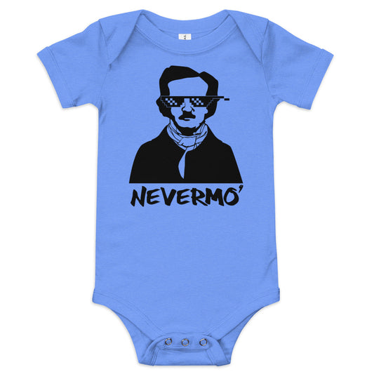 "Nevermo" Edgar Allan Poe Illustrated Short Sleeve Baby One-Piece - A cozy and cute baby onesie featuring an Edgar Allan Poe-inspired design, perfect for any little bookworm. Columbia Blue