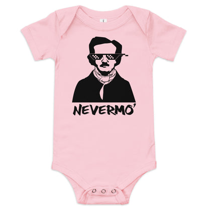 "Nevermo" Edgar Allan Poe Illustrated Short Sleeve Baby One-Piece - A cozy and cute baby onesie featuring an Edgar Allan Poe-inspired design, perfect for any little bookworm. Pink