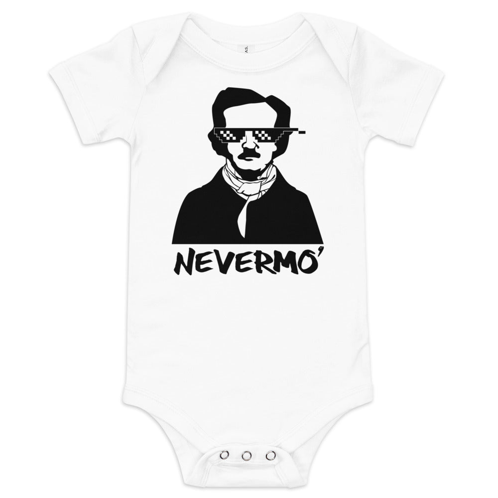 "Nevermo" Edgar Allan Poe Illustrated Short Sleeve Baby One-Piece - A cozy and cute baby onesie featuring an Edgar Allan Poe-inspired design, perfect for any little bookworm. White