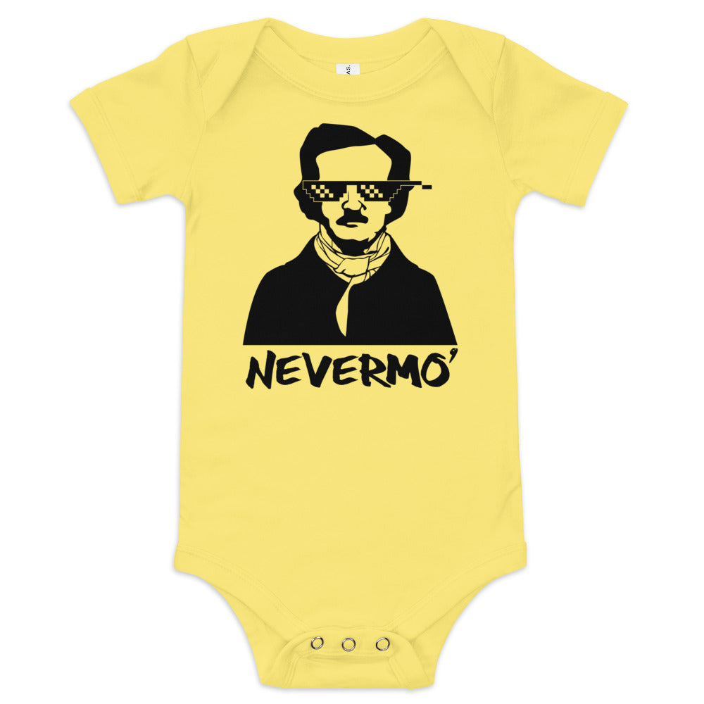 "Nevermo" Edgar Allan Poe Illustrated Short Sleeve Baby One-Piece - A cozy and cute baby onesie featuring an Edgar Allan Poe-inspired design, perfect for any little bookworm. Yellow