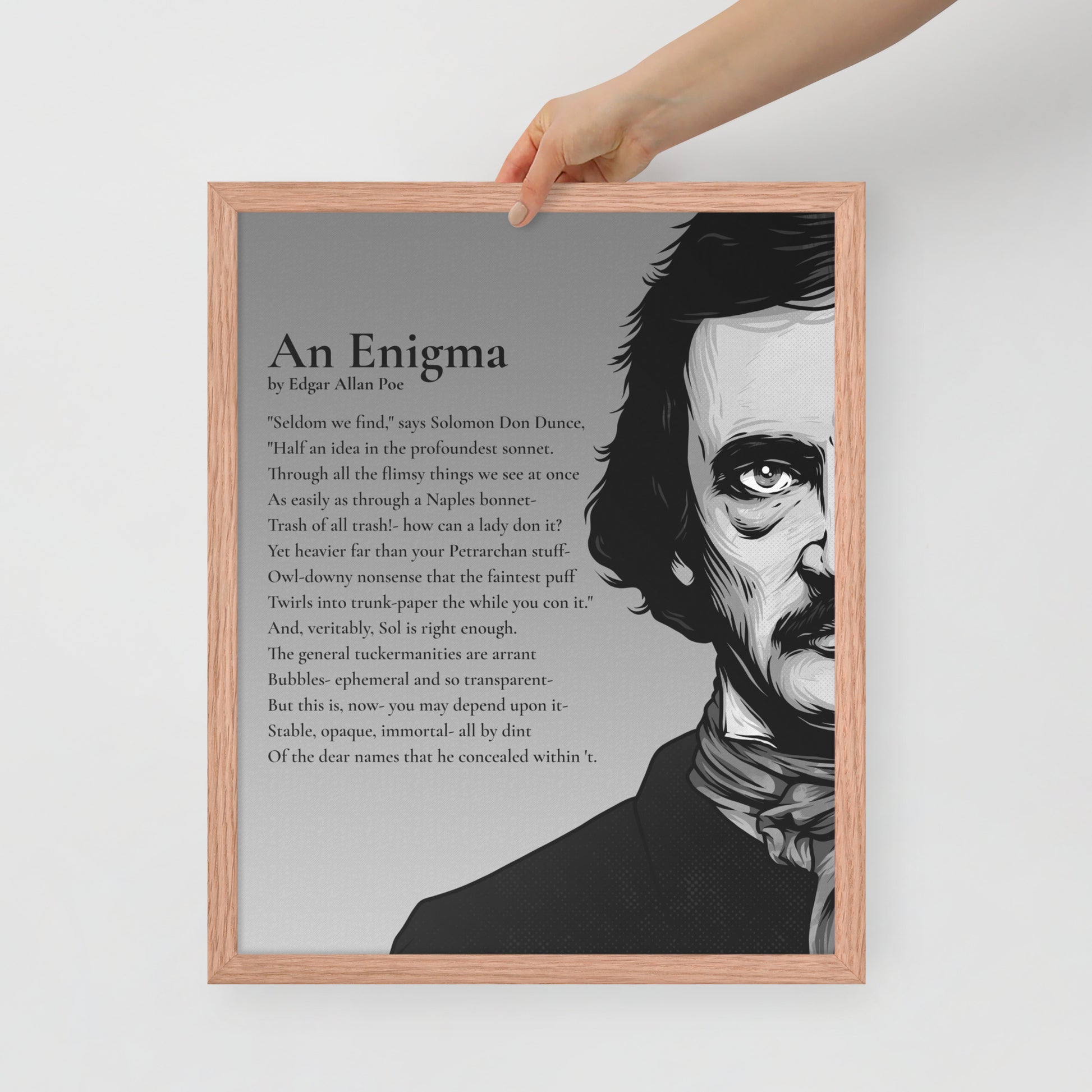 vEdgar Allan Poe's 'An Enigma' Framed Matted Poster - 16 x 20 Red Oak Frame