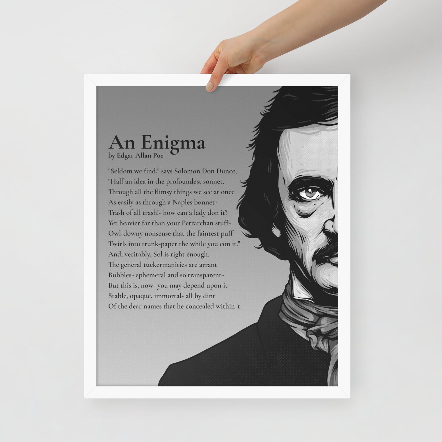Edgar Allan Poe's 'An Enigma' Framed Matted Poster - 16 x 20 White Frame