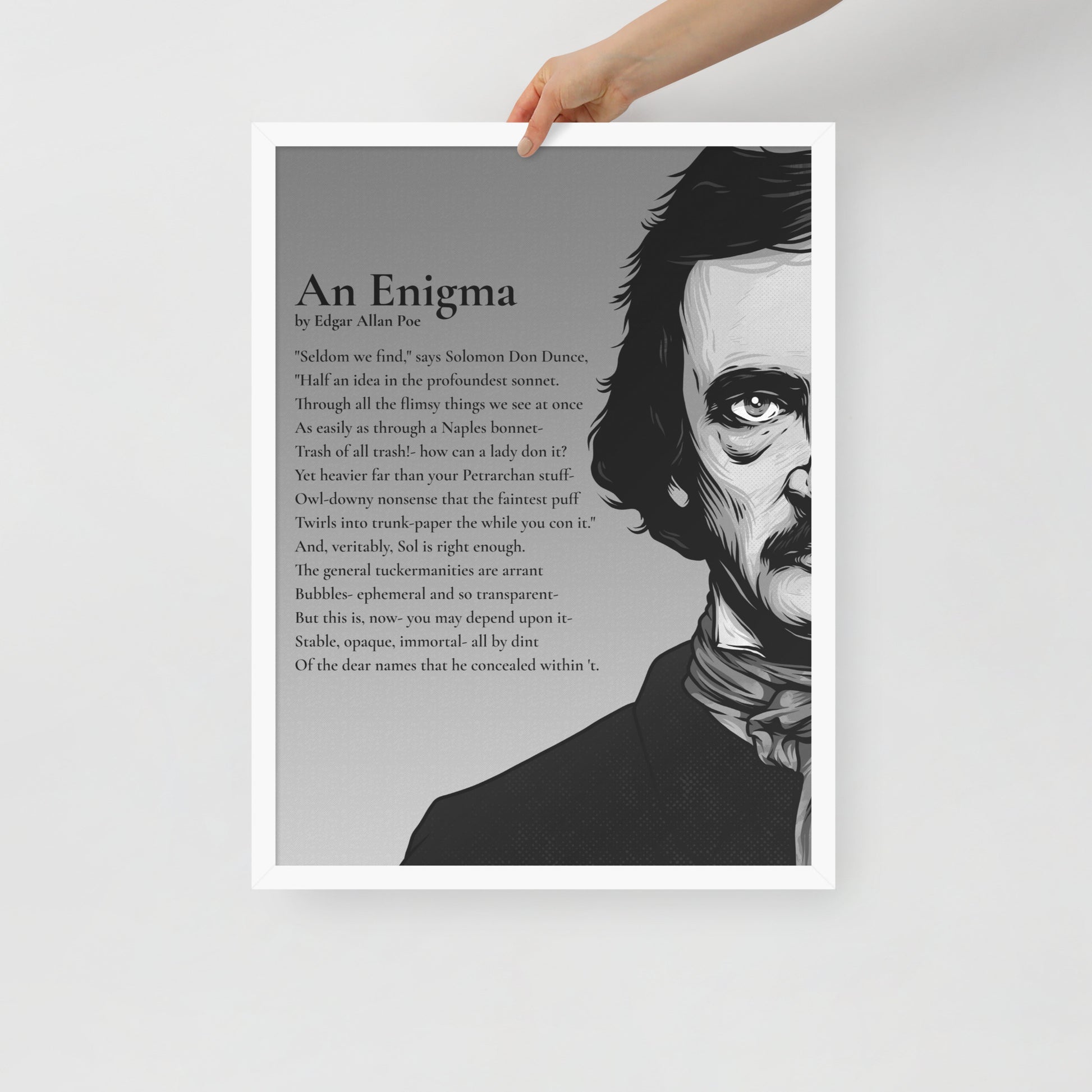 Edgar Allan Poe's 'An Enigma' Framed Matted Poster - 18 x 24 White Frame