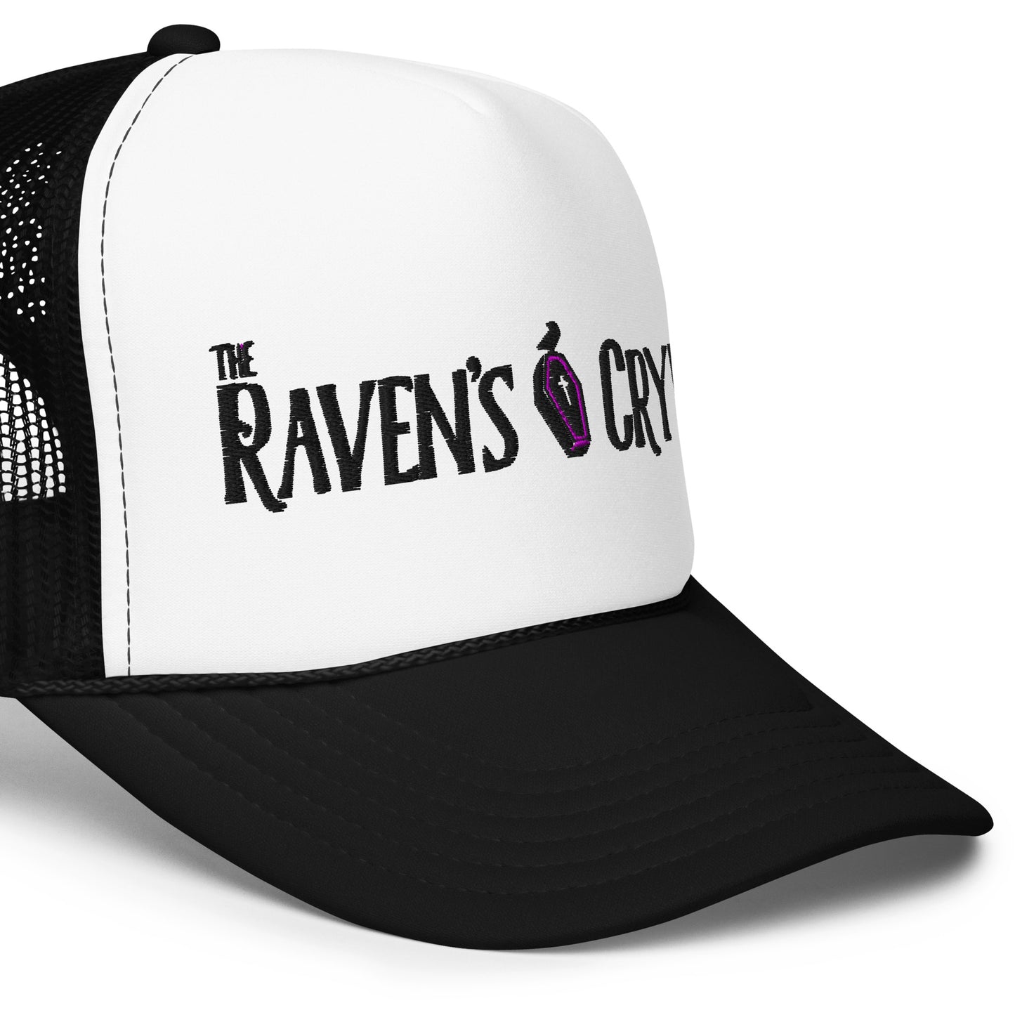 The Raven's Crypt Black Logo - Foam trucker hat - Black Hat White Front Black Logo