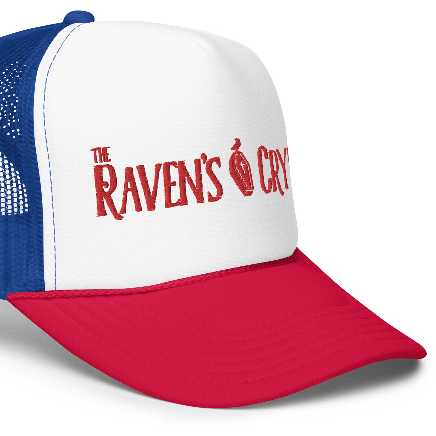 The Raven's Crypt Red Logo - Foam trucker hat - Red, White & Blue White Red Logo