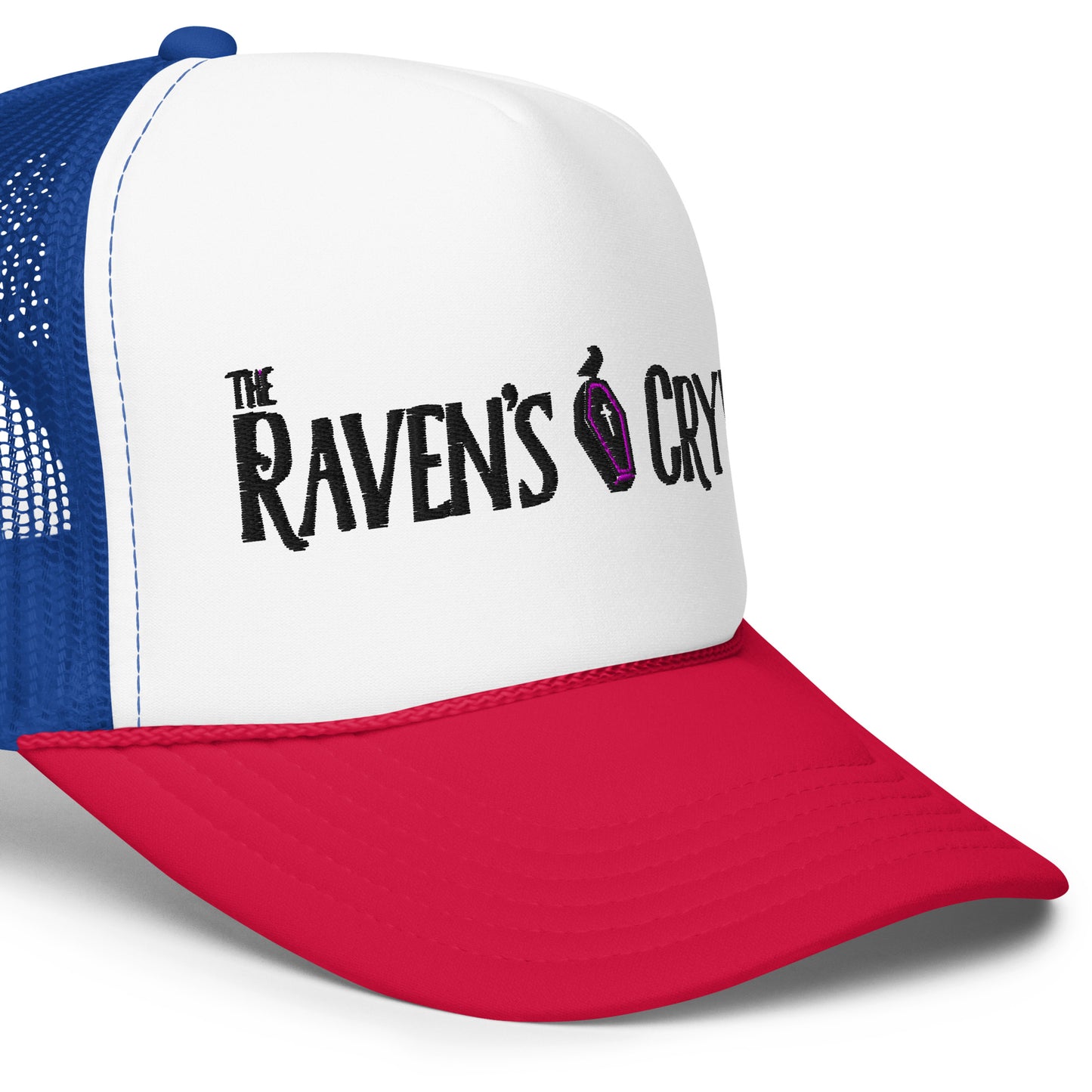 The Raven's Crypt Black Logo - Foam trucker hat- Royal Blue, White & Red Hat Black Logo