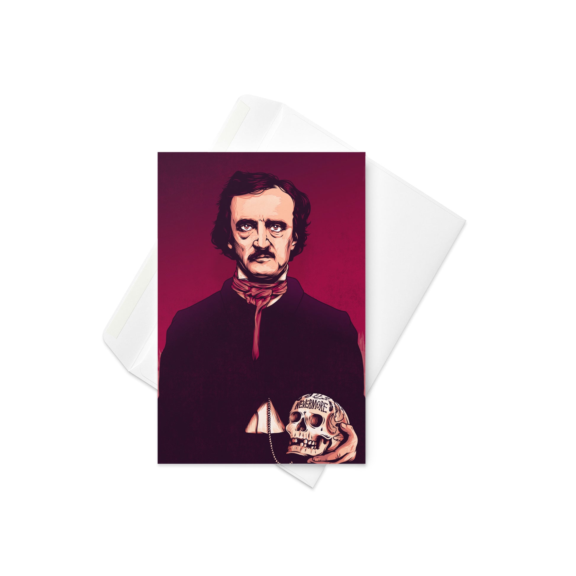 Edgar Allan Poe Illustrated Greeting Card with Raven and Skull Design - 4x6