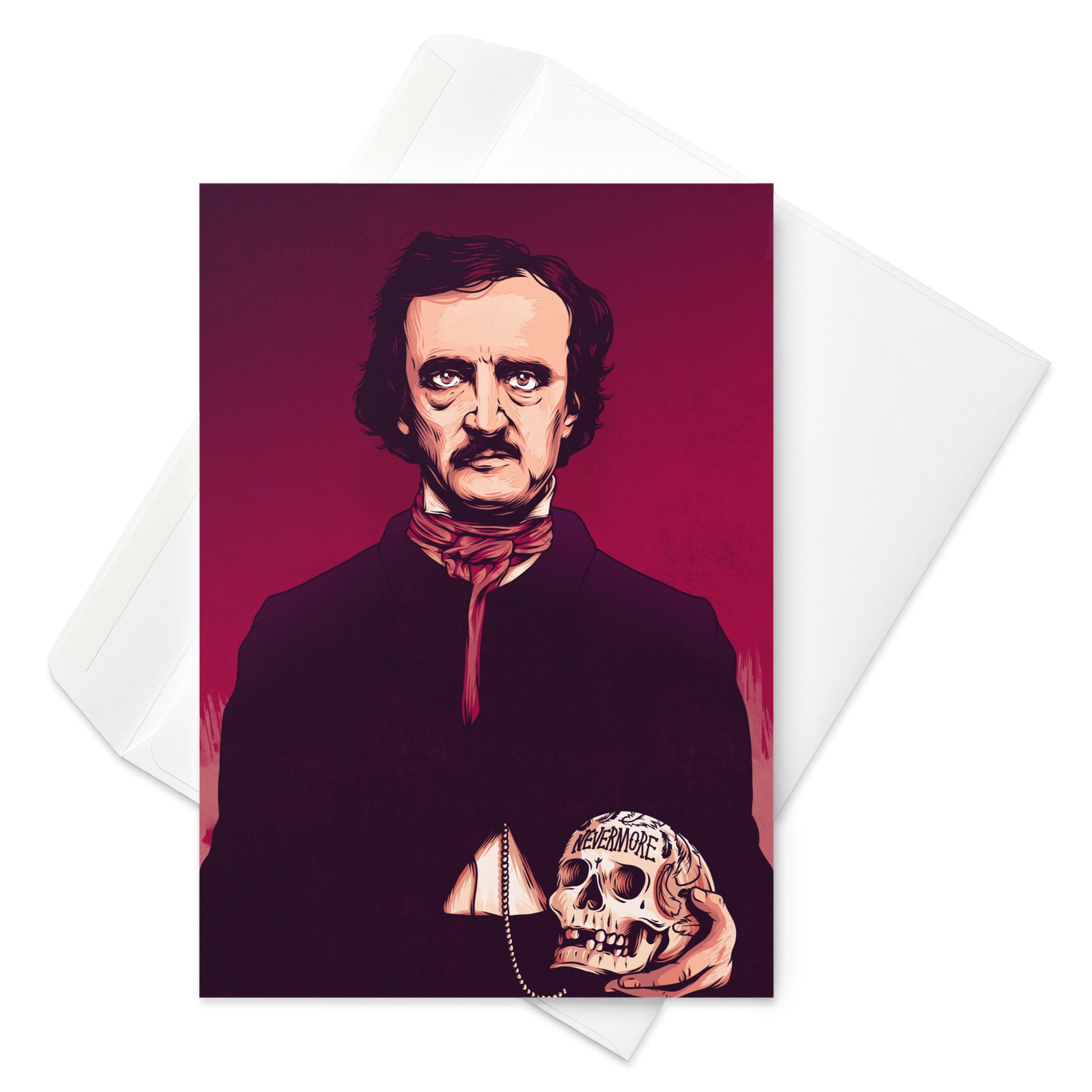 Edgar Allan Poe Illustrated Greeting Card with Raven and Skull Design - 5.83x8.27