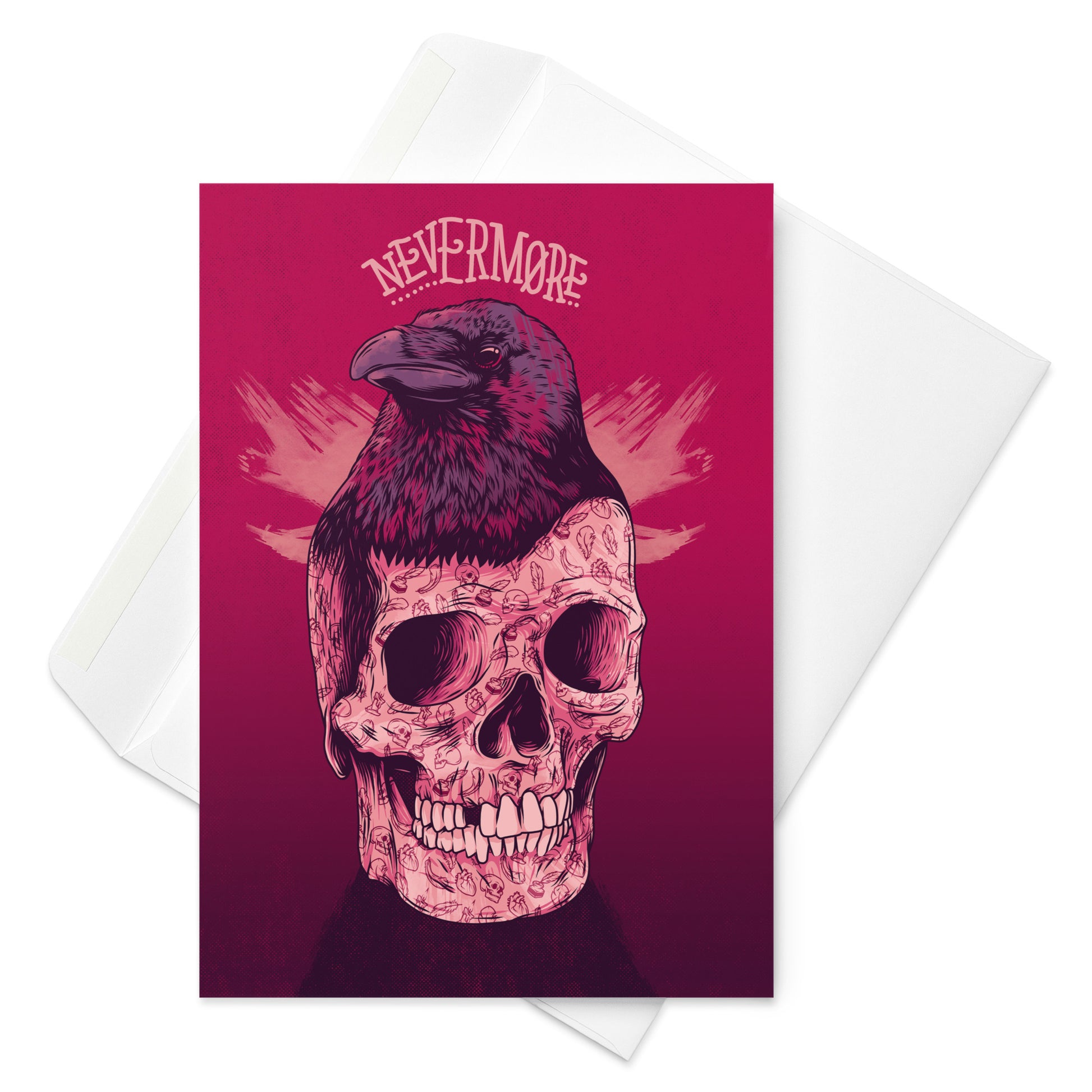 Edgar Allan Poe Skull & Raven Illustrated Greeting Card, featuring skull, raven, and Poe's portrait. 5.83x8.27