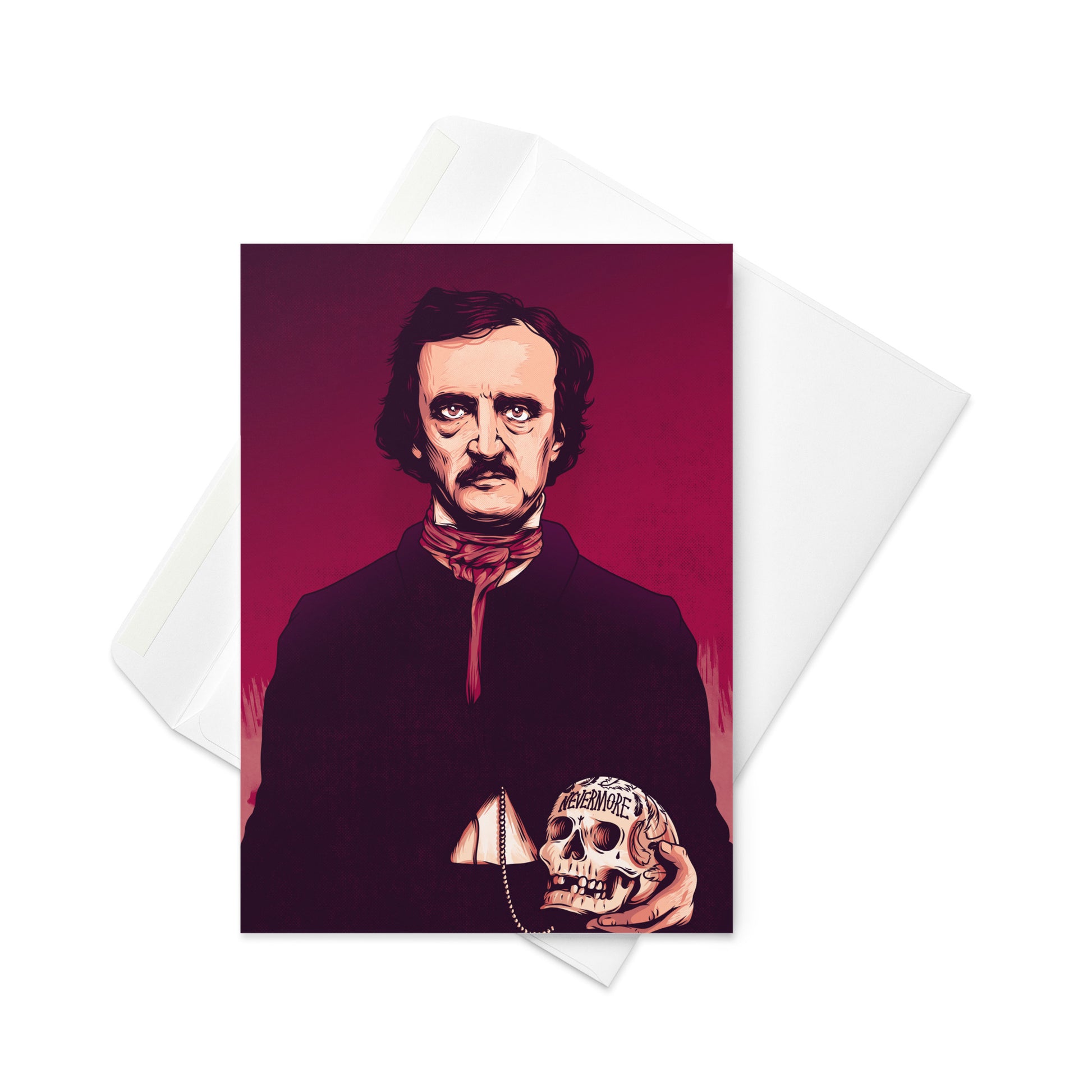Edgar Allan Poe Illustrated Greeting Card with Raven and Skull Design - 5x7