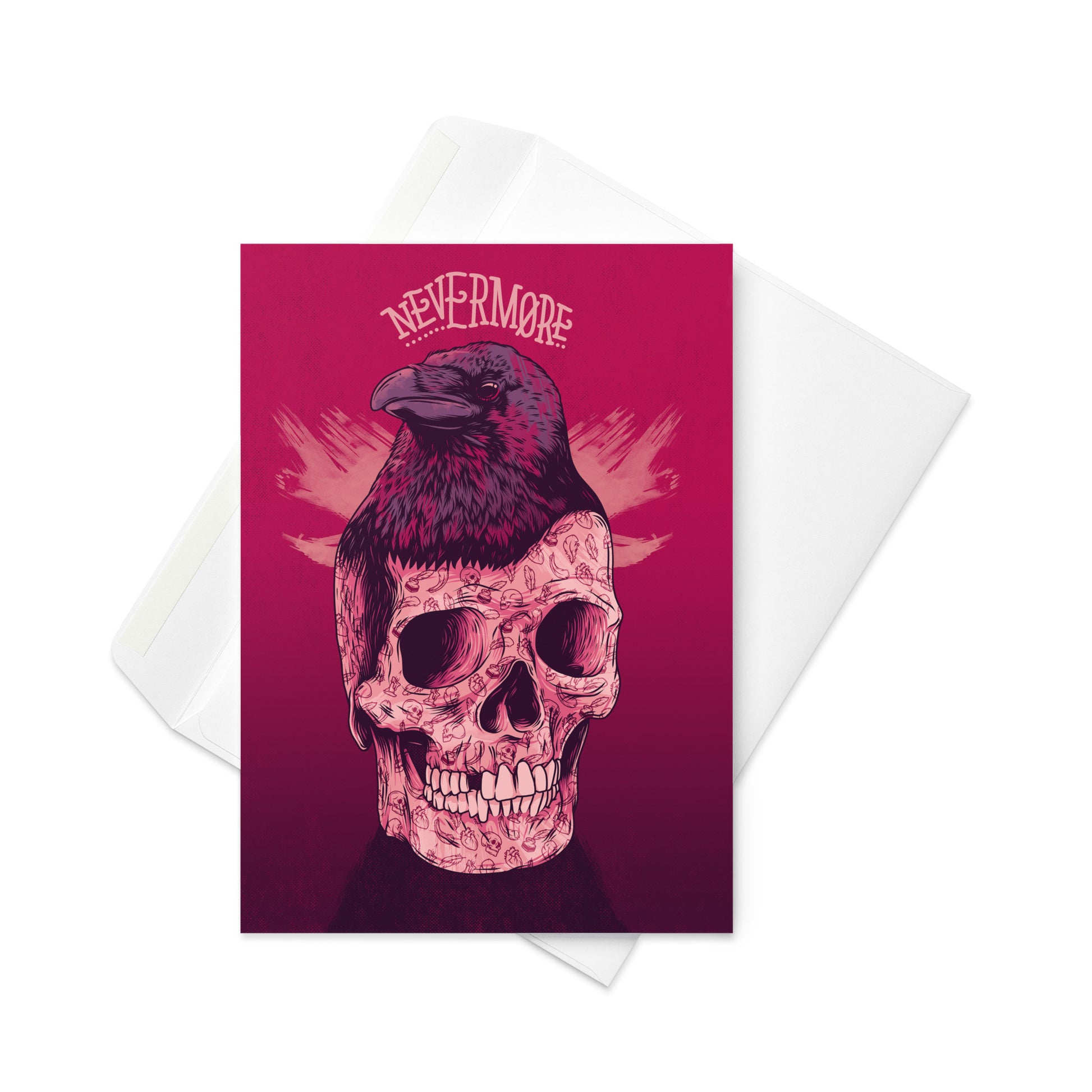 Edgar Allan Poe Skull & Raven Illustrated Greeting Card, featuring skull, raven, and Poe's portrait. 5x7