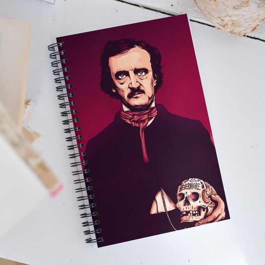 Edgar Allan Poe illustrated spiral notebook with raven and skull design