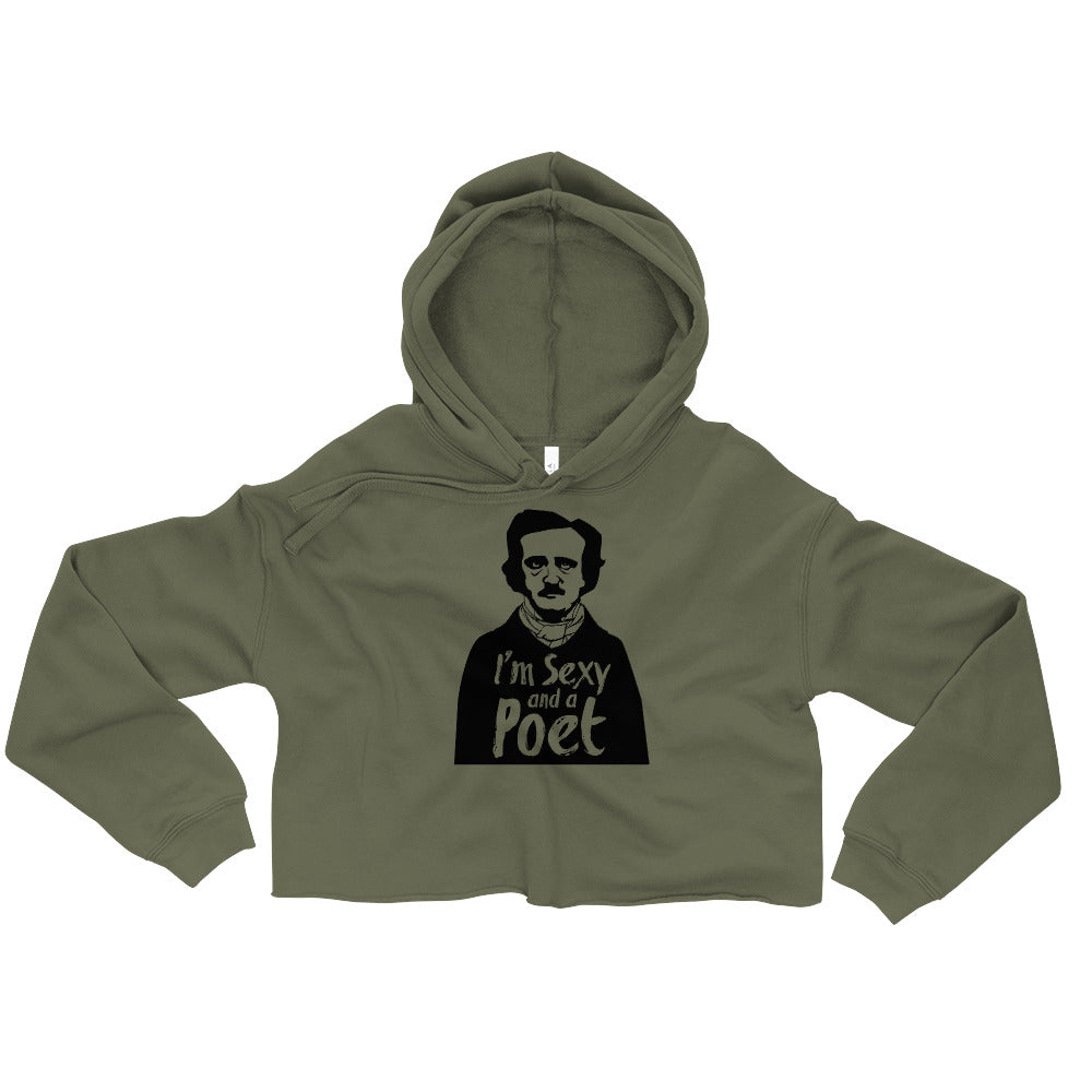 Women's Edgar Allan Poe "I'm Sexy and a Poet" Crop Hoodie - Military Green Front